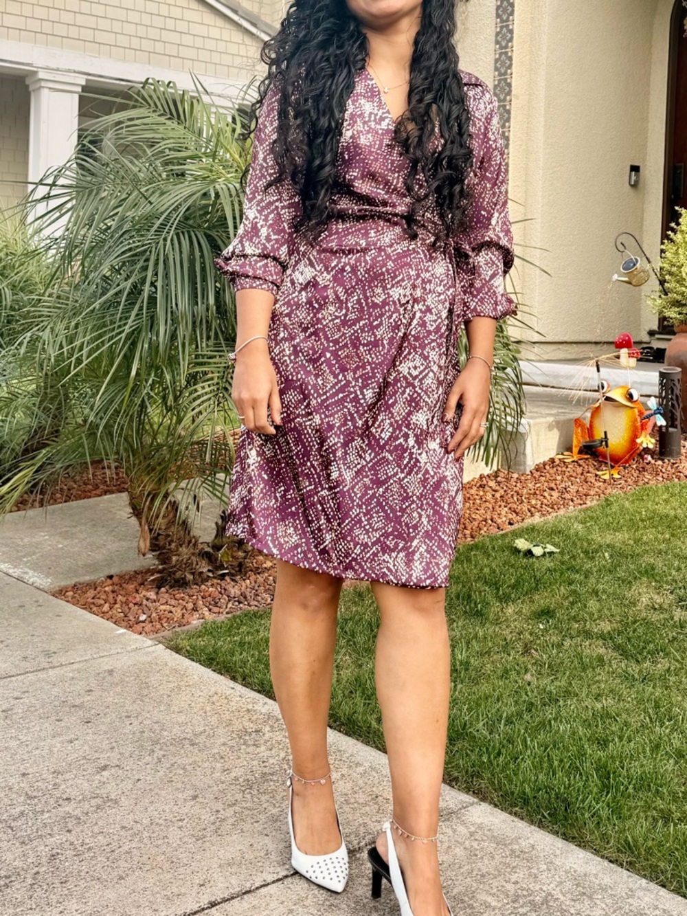 DKNY Plum Patterned Wrap-Style Midi Dress